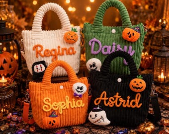 Gepersonaliseerde Halloween-tas met naam voor kinderen, corduroy schoudertas, cadeaumand voor peuters met de tekst "Trick or Treat Boo".