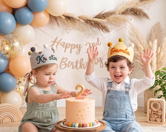 Gepersonaliseerde verjaardagskroon voor kinderen, linnen feestmuts met naam, kroon voor de eerste verjaardag, fotoaccessoire voor baby's, verjaardagscadeau voor jongens en meisjes