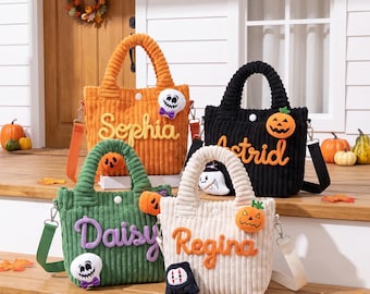 Custom Name Halloween Bag for Kids, Personalized Corduroy Crossbody Purse, Toddler Trick or Treat Boo Basket Gift