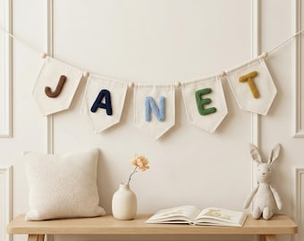 Guirnalda personalizada con el nombre de la habitación del bebé, guirnalda de letras de hilo personalizada, decoración para la habitación de un bebé (niña o niño), letrero de pared de lienzo hecho a mano