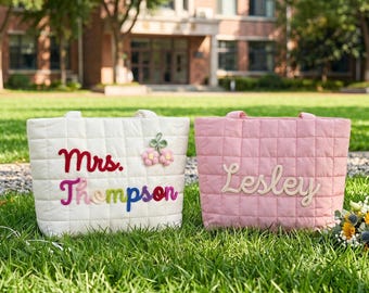 Aangepaste draagtas leraar, gepersonaliseerde gewatteerde nylon schoudertas, terug naar school cadeau, monogram schooltas, cadeau voor leraar