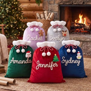 Saco de Papá Noel personalizado con nombre, bolsa de regalo navideña grande de terciopelo con pompones, reutilizable para niños.