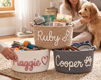 Personalized Pet Basket, Custom Dog Toy Bin, Woven Cotton Rope Storage Basket with Name, Cute Puppy Organizer Gift