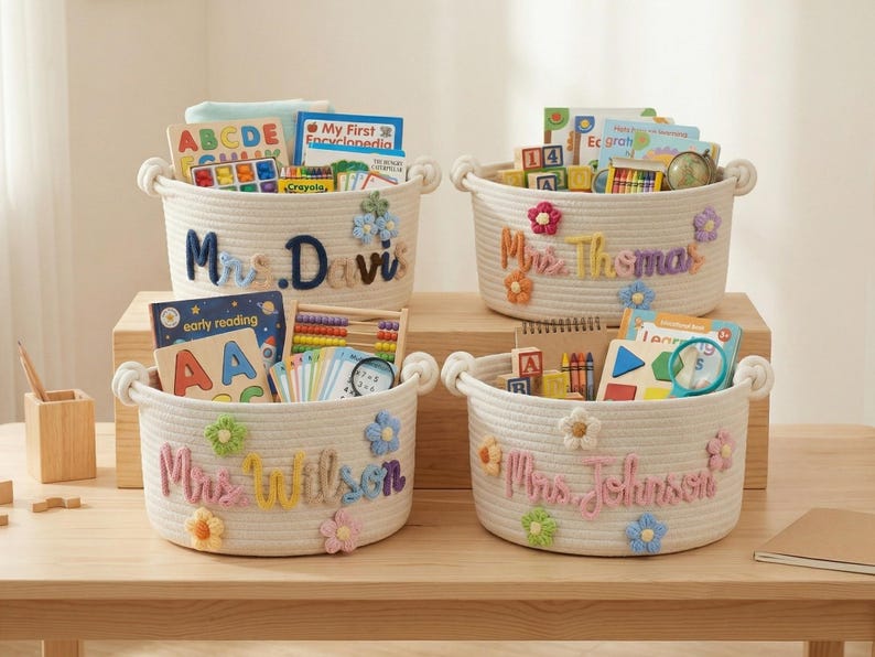 May include: Four white rope baskets filled with educational toys and books. Each basket has a name embroidered on it: Mrs. Davis, Mrs. Thomas, Mrs. Wilson, and Mrs. Johnson. The baskets are decorated with colorful flower accents.