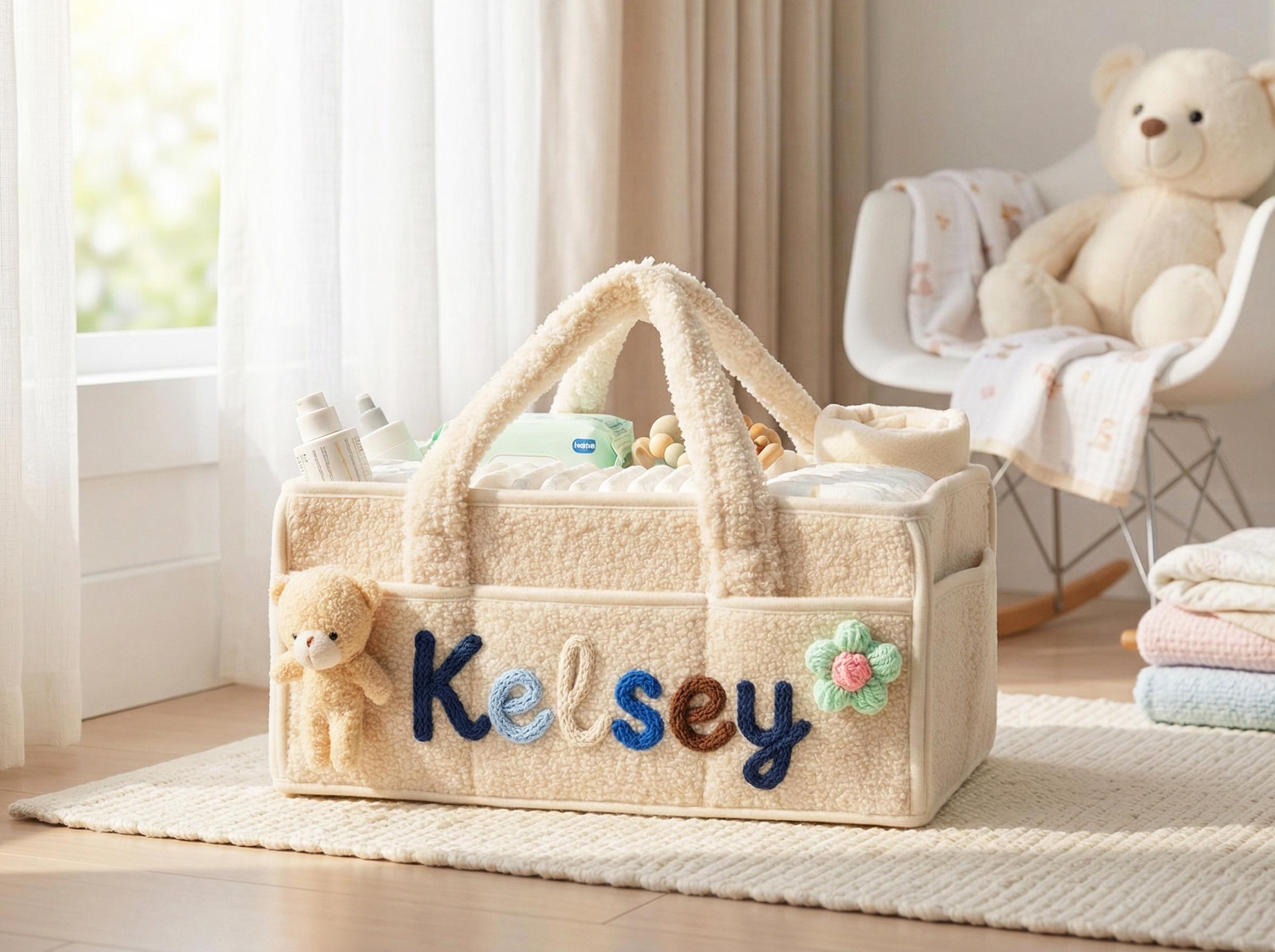 Personalized Plush Baby Basket, Custom Diaper Caddy With Name & Bear ...