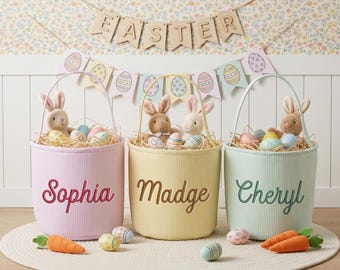 Panier de Pâques personnalisé avec prénom brodé, panier pour enfants en seersucker, panier de chasse aux œufs, cadeau de Pâques pour garçon fille