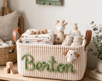 Custom Baby Basket with Name, Personalized Corduroy Toy Storage Bin, Nursery Organizer, Baby Shower & Newborn Gift