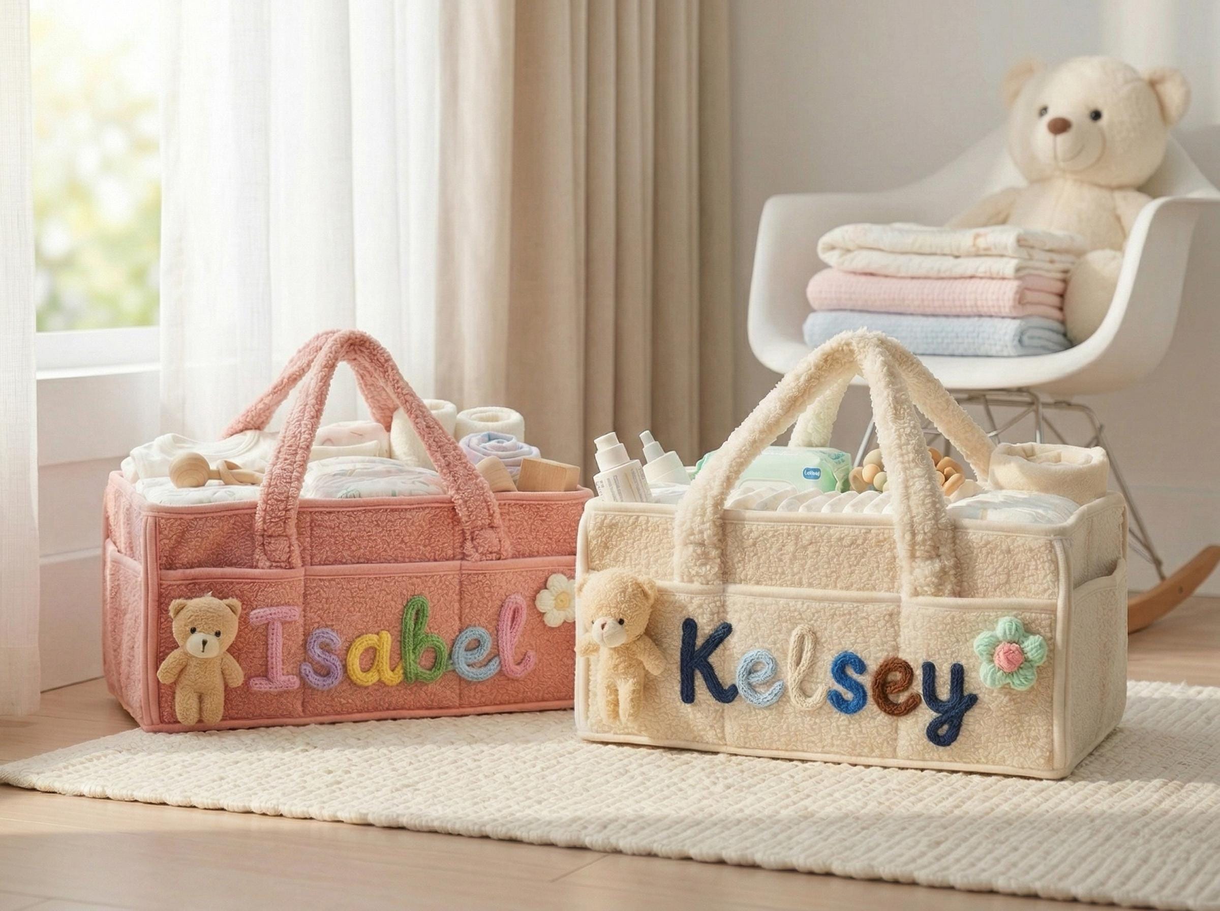 Personalized Plush Baby Basket, Custom Diaper Caddy With Name & Bear ...