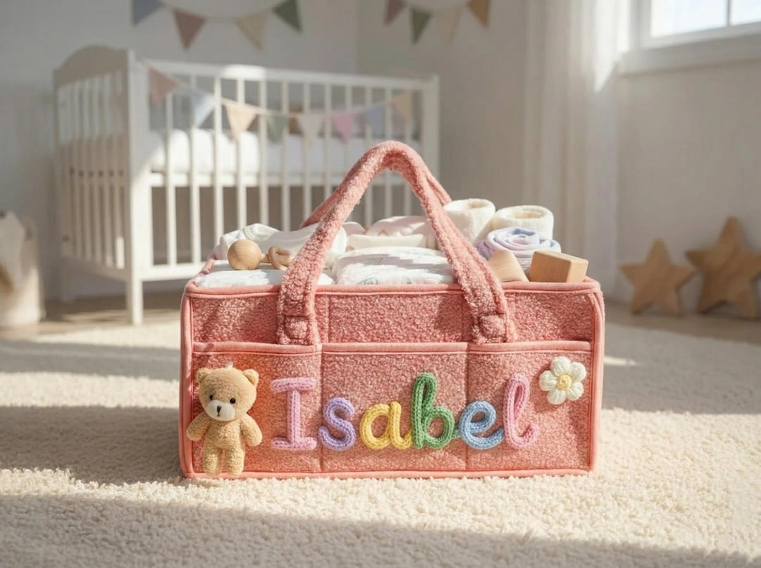 Personalized Plush Baby Basket, Custom Diaper Caddy With Name & Bear ...