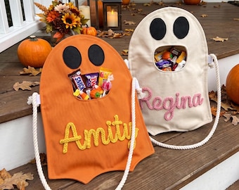 Personalized Ghost Halloween Candy Bag, Custom Name Trick or Treat Bag for Kids, Cute Halloween Bucket, Toddler Halloween Gift