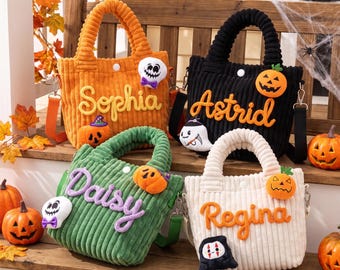 Gepersonaliseerde Halloween-tas voor peuters, snoepzak voor 'trick or treat', corduroy kinderschoudertas met aangepaste naam