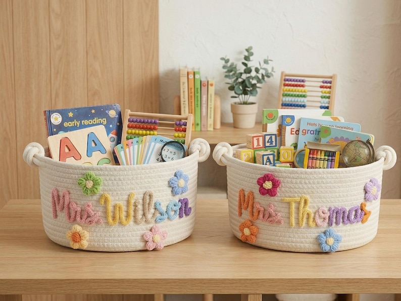 May include: Two white rope baskets with colorful floral accents and embroidered names, filled with educational toys and books. One basket says "Mrs. Wilson" and the other says "Mrs. Thomas".