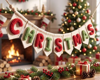 Custom Christmas Name Banner, Yarn Letter Fabric Garland, Personalized Holiday Nursery Decor, Kids Room Wall Hanging