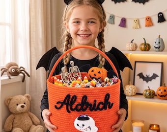 Custom Trick or Treat Basket for Kids, Personalized Halloween Candy Bag with Name, Cotton Rope Halloween Tote, Boys Girls Gift