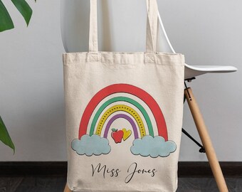 Aanpasbare leraar Tote Bag, leraar waardering cadeau, Boho Rainbow Tote Bag, leraren cadeau, cadeau voor leraar, gepersonaliseerde leraar Tote