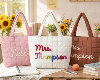 Gepersonaliseerde draagtas leraar, op maat gemaakte gewatteerde nylon tas, cadeau leraar waardering, monogram schoudertas, terug naar school cadeau