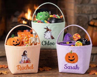Personalized Trick or Treat Basket, Embroidered Name Halloween Bag, Seersucker Candy Bucket, Custom Halloween Gift for Kids