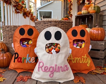 Custom Ghost Trick or Treat Bag, Personalized Halloween Candy Bucket with Name, Kids Halloween Bag, Spooky Cute Ghost Gift