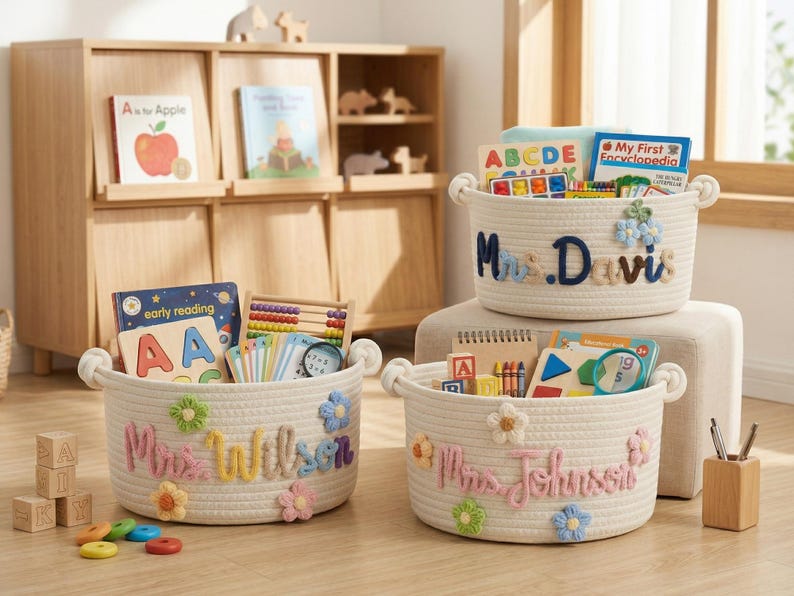 May include: Three white rope baskets with handles, filled with books and toys. Each basket has a name embroidered on it: "Mrs. Davis", "Mrs. Wilson", and "Mrs. Johnson". The baskets are decorated with colorful flower accents.