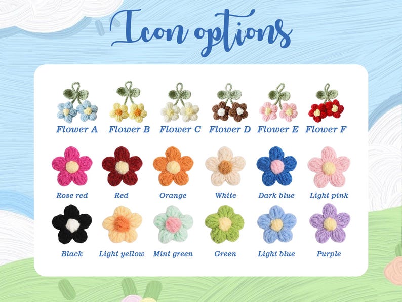 May include: A display of crochet flower icons in various colors, including rose red, orange, and light pink. The text "Icon options" is at the top. Each flower is labeled with a color name and a letter.