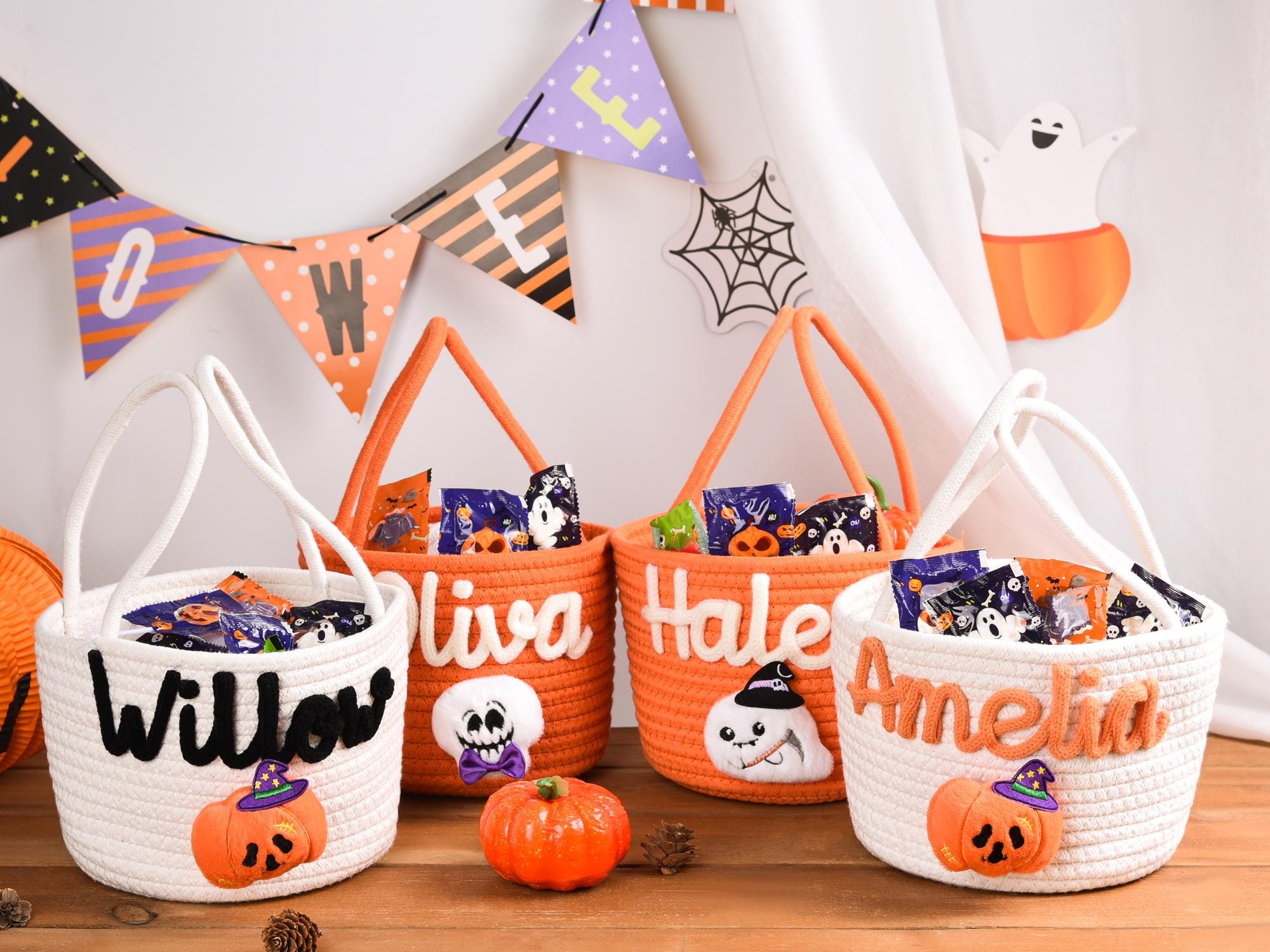 Halloween Candy Bag With Handle - Large Reusable Trick Or Treat Bucket Basket, Black Bat Design