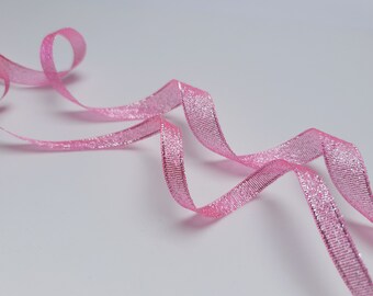 Full roll of pink metallic ribbon. 32 m/34 yards. Lurex ribbon. Pink and silver color. Festive ribbon