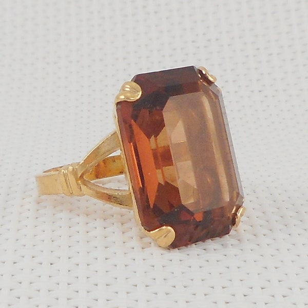 Vintage Big Faux Smoky Topaz Statement Ring Large Smoky Topaz Costume Ring Avon Signed Big Rectangular Smoky Topaz Ring Brown Stone Ring