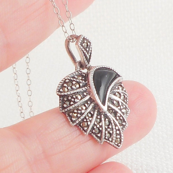 Vintage Sterling Stylized Deco Onyx Marcasite Leaf Necklace Art Deco Sterling Marcasite Onyx Necklace Gift for Her Signed Marcasite Necklace