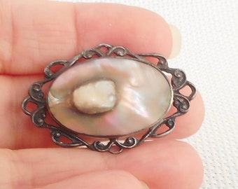 Antique Sterling Art Nouveau Blister Pearl Brooch Sterling  Abalone Blister Pearl Brooch Gift for Her Early 1900's Pearl Brooch For Her