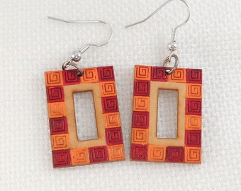 Vintage Artisan Hand Painted Orange and Red Wood Earrings Unique Greek Key Earrings Orange & Red Painted Drop Earrings Painted Wood Earrings