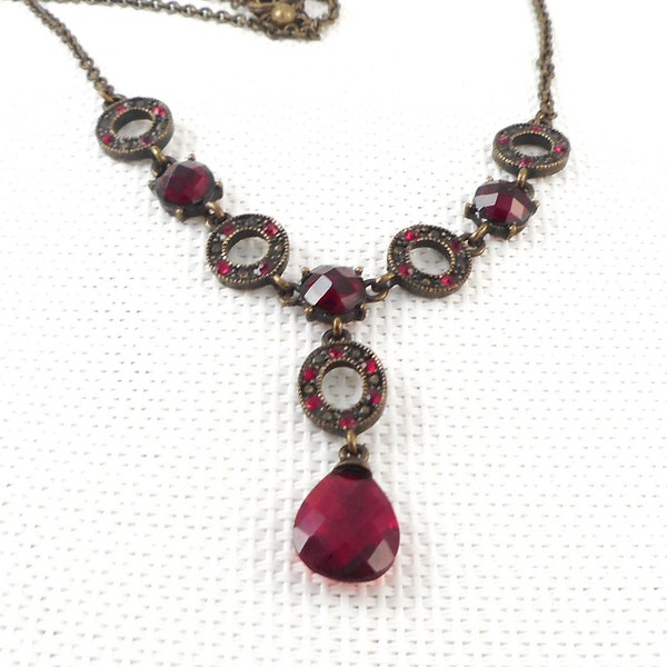 Vintage 1980's Victorian Revival Red Stone Necklace Avon Nina Ricci Red Stones Drop Necklace NR Signed Victorian Style Necklace Gift for Her