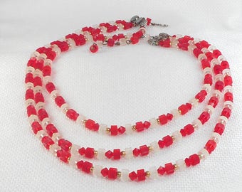 Vintage Art Deco Fabulous Glass Bead Necklace Old Red and Clear Ribbed Tube Beads Necklace Glass Ribbed and Bicone Bead Necklace