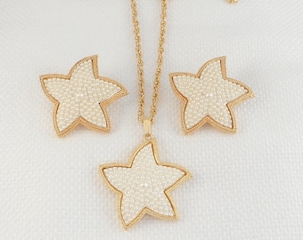 Vintage Gold Pearly Starfish Necklace & Earring Set Ocean Starfish Jewelry Summer Beach Shore Jewelry Set WOW Starfish Necklace Earrings Set