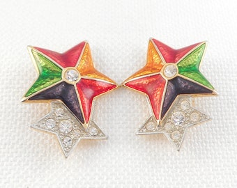 Vintage 1960's Guilloche Enamel Stars Clip Earrings Colorful Stars Earrings Vintage Clip-On Earrings Statement Stars Earrings Gift for Her