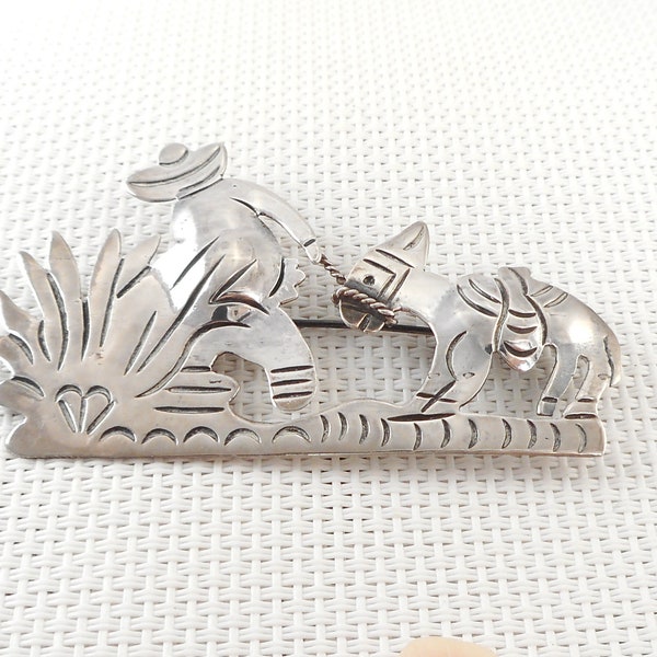Vintage 1970's Plata Mexico Sterling  Man & Donkey Brooch RARE 925 Mexican Man with Donkey Brooch South of Border Brooch 925 Southwest Pin