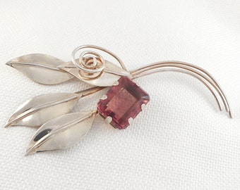 Vintage 1940's HUGE Sterling Silver Amethyst Glass Brooch BIG Retro Sterling Statement Brooch Big 925 Amethyst Glass Brooch Statement Pin