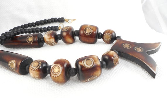 Vintage African Brass Inlaid Bone Beads Necklace Tribal African