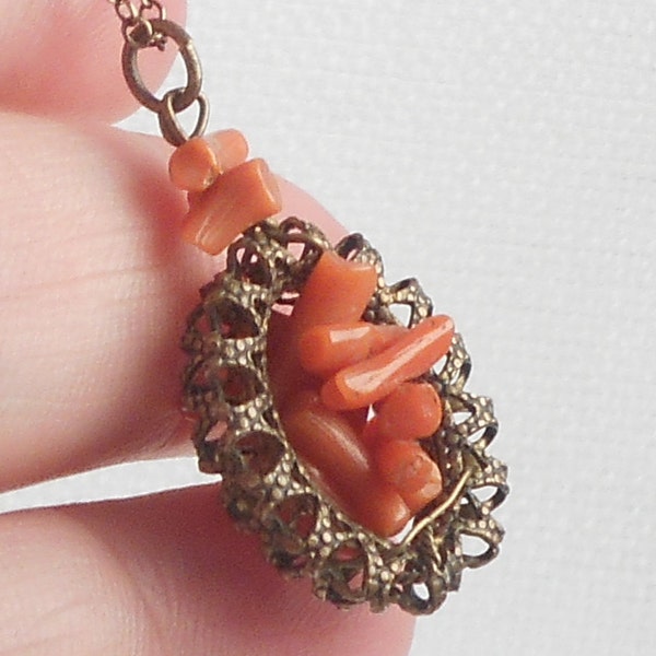 Vintage Victorian Hand Wired Branch Coral Pendant Necklace Victorian Coral Necklace Victorian Coral Necklace Unique Coral Pendant