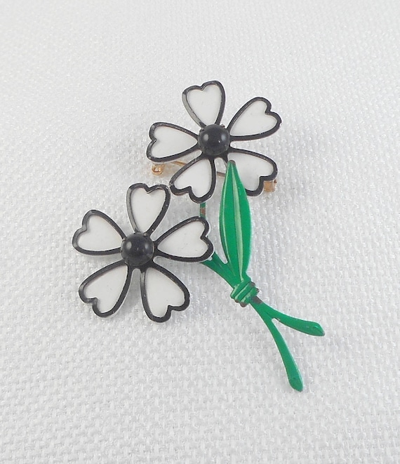 Vintage Chic Black and White Flower Brooch Pin St… - image 1