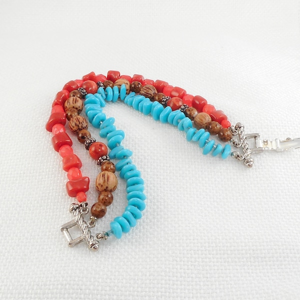 Vintage R.J. Graziano 3 Strand Southwest Bracelet Graziano Mixed Media 3 Strand Bracelet Lucite Wood Glass Beads Bracelet Gift for Her