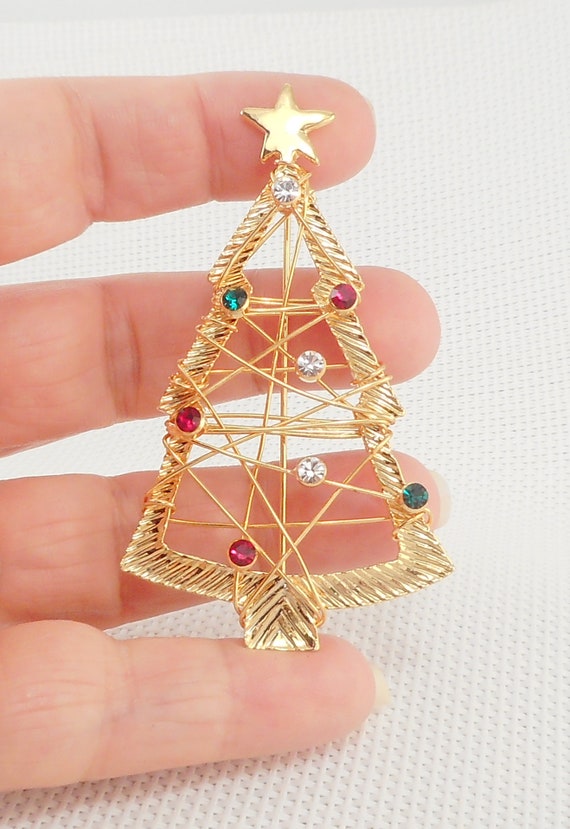 Vintage Open Wire Rhinestone Christmas Tree Pin G… - image 8