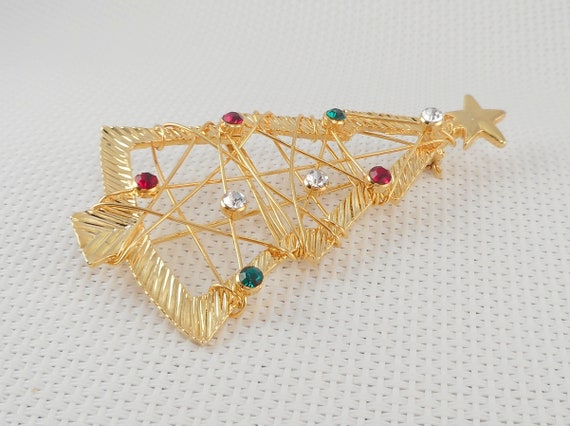 Vintage Open Wire Rhinestone Christmas Tree Pin G… - image 5