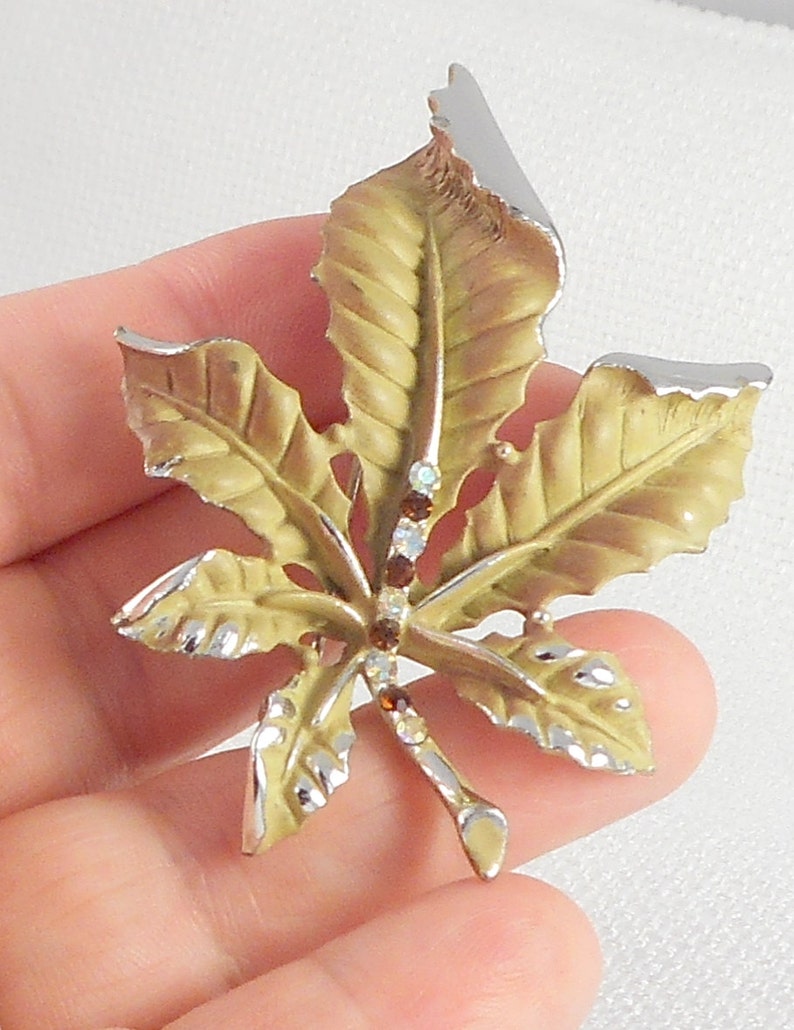 Vintage BSK Leaf Brooch Pin Enamel Rhinestone BSK Green Mauve Etsy