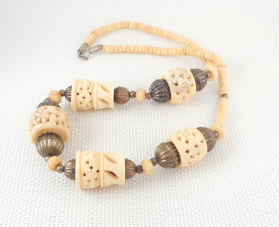 Vintage Hand Carved Bone Beads Ethnic Tribal Neck… - image 5