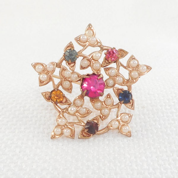 Vintage 1940's Karu Rhinestone & Seed Pearl Brooch Karu Colorful Pearl and Rhinestone Brooch Small Karu Brooch Gift for Her Vintage Karu Pin