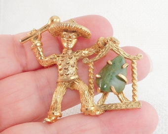 Vintage Jade And Brass Filigree Brooch Pin Chinese Long Life Asian Symbol