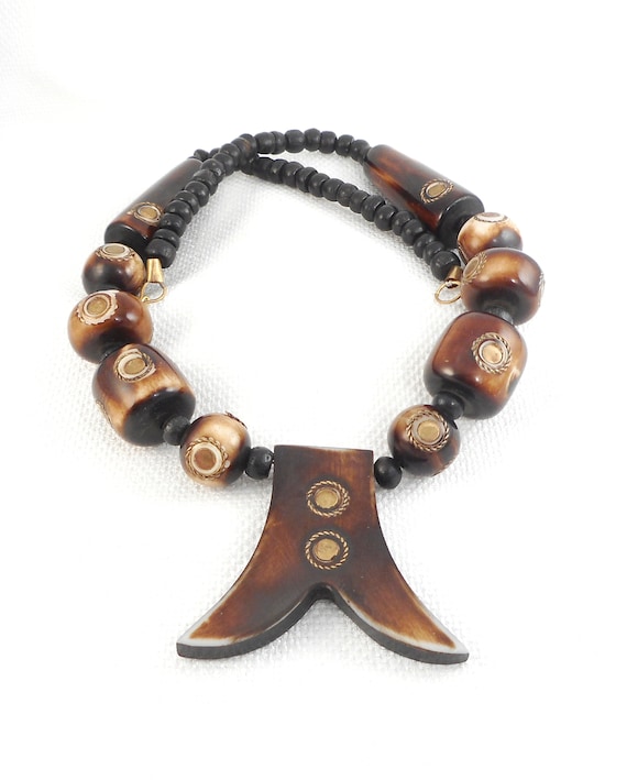 Vintage★African Brass bead long necklace Vintage African Brass Inlaid Bone Beads Necklace Tribal African