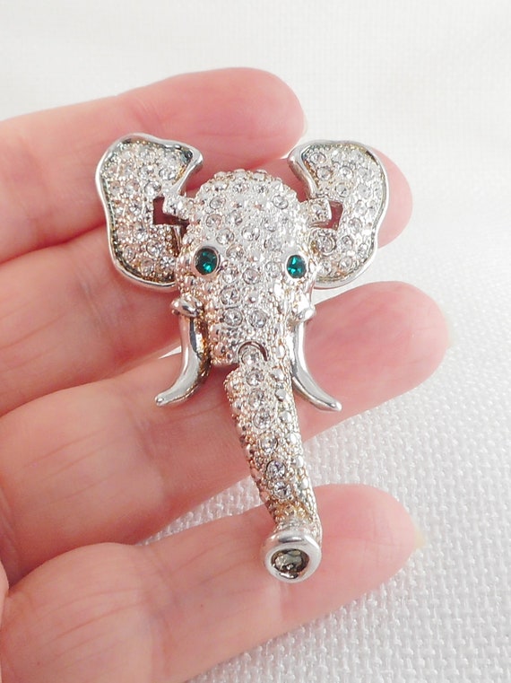 Vintage Silver Pave Articulated Elephant Head Broo