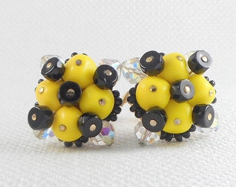 Vintage 1950's Vendome Earrings Black Yellow, and Crystal Bead Vendome Glass Bead Earrings Mid Century Clip Earrings Stunning 50's Earrings