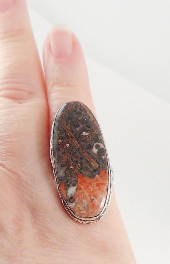 Vintage 925 Large Oval Ocean Jasper Ring 90's Uniq